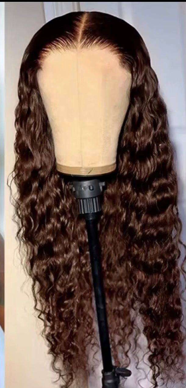 22” Water Wave Wig – 4x4 Brown (#4) (180%)