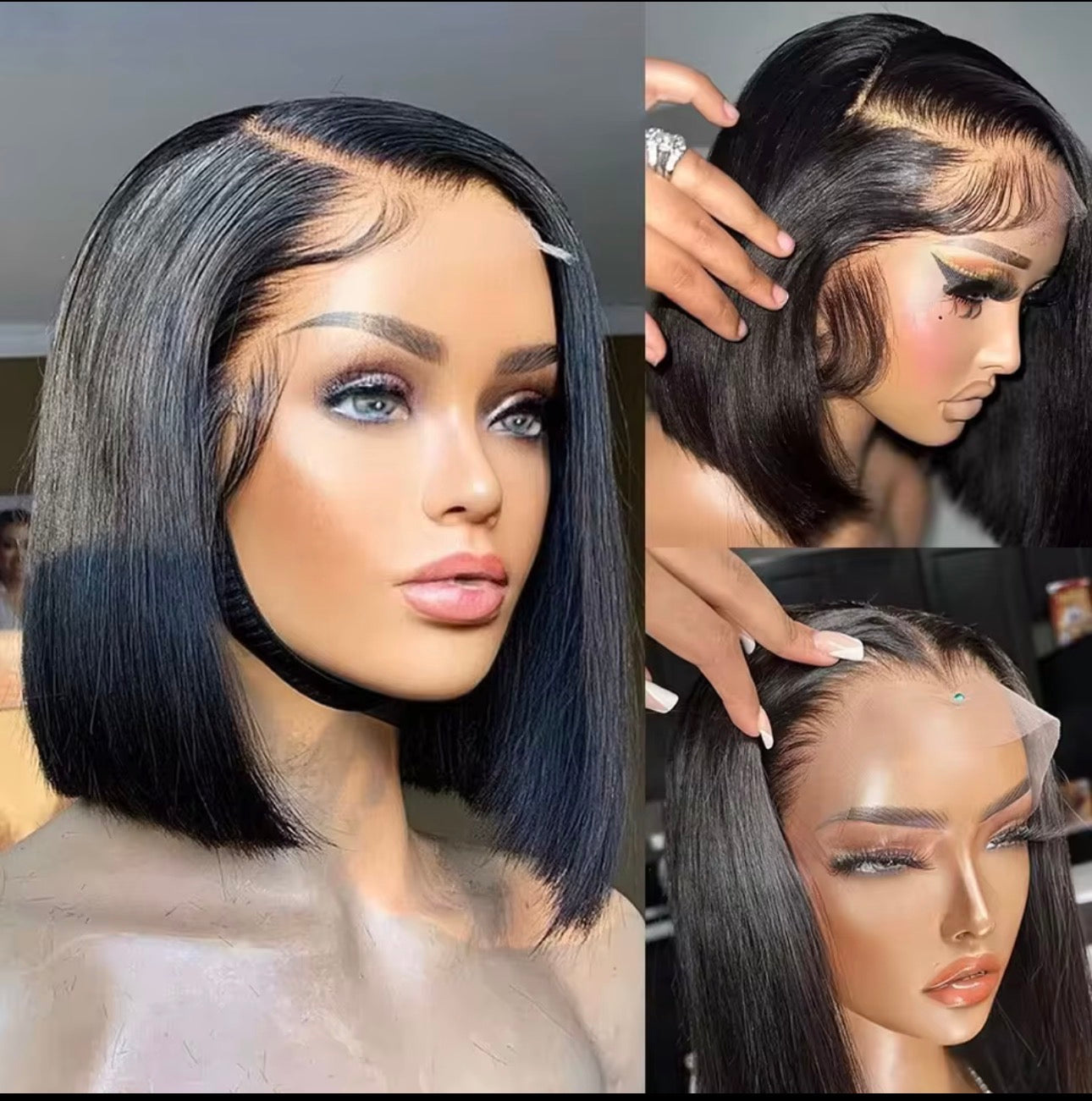 8” Bone Straight Bob Wig – Black (300% Density) ✨